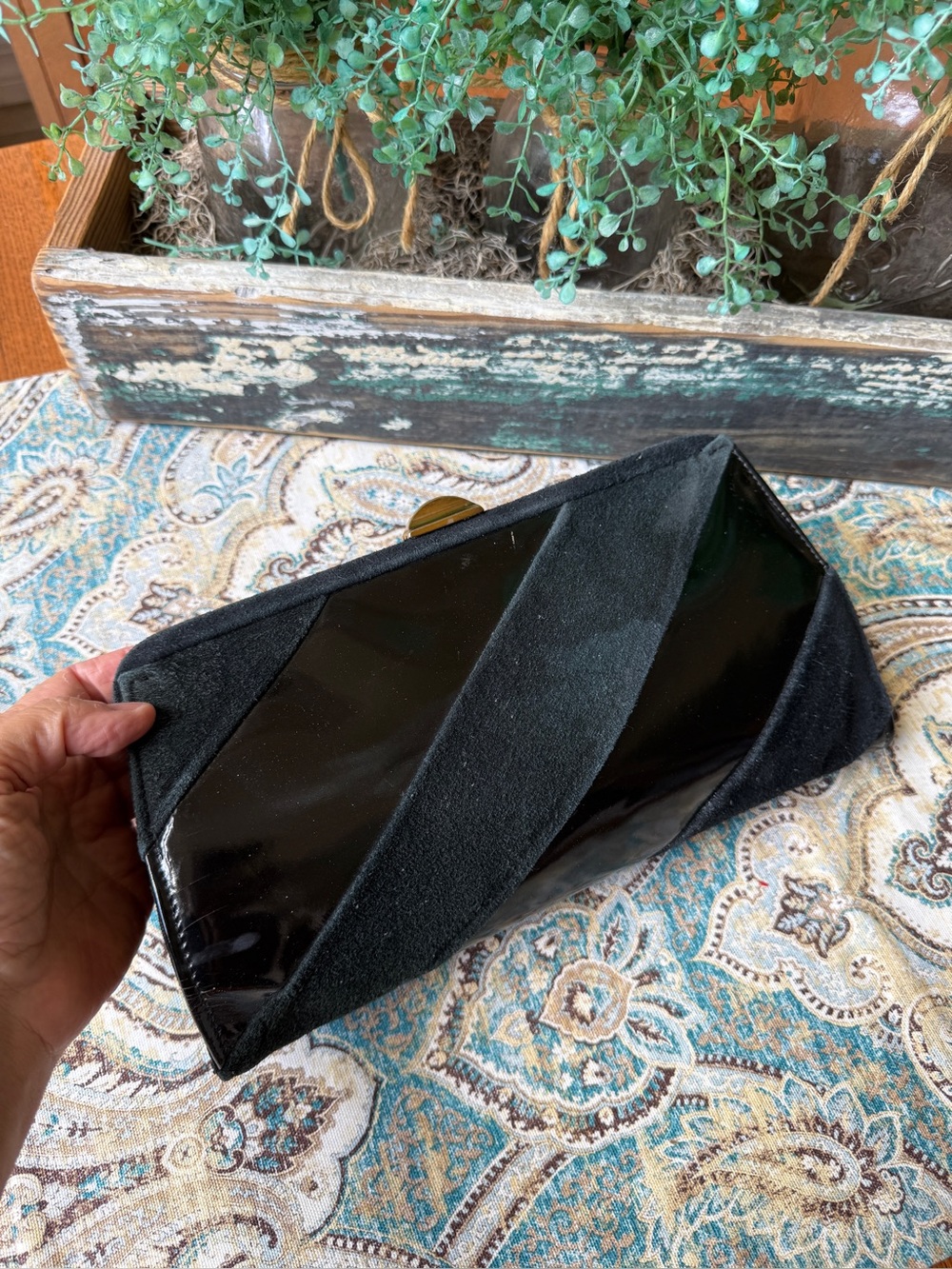 Black Patent Leather & Suede Geometric Clutch Evening Bag Gold Frame Vintage